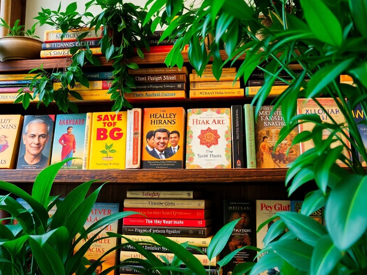 Colorful Indian books on a wooden shelf with plants.