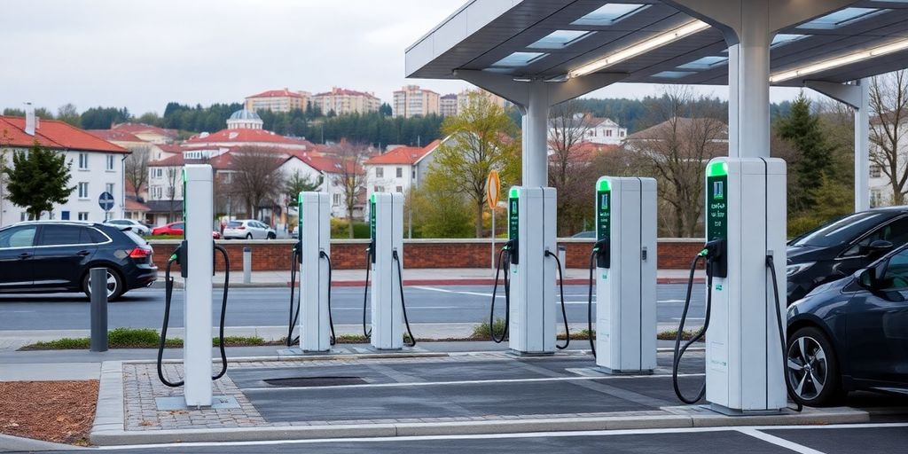 Bornes de recharge électriques installées dans un paysage urbain.