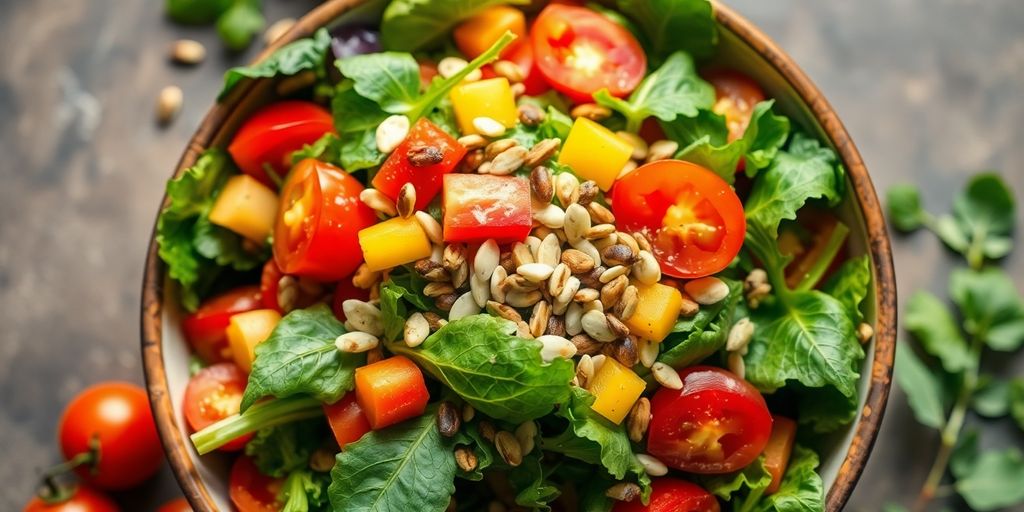 Fresh salad bowl with colorful, healthy ingredients.