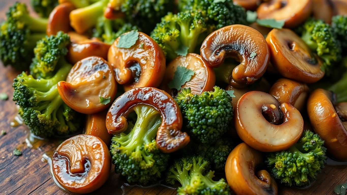 Brócolis e cogumelos refogados em uma mesa de madeira.