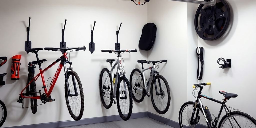 Organized garage with mountain bikes on storage hooks.