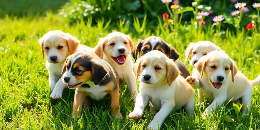 Cachorros juguetones en jardín