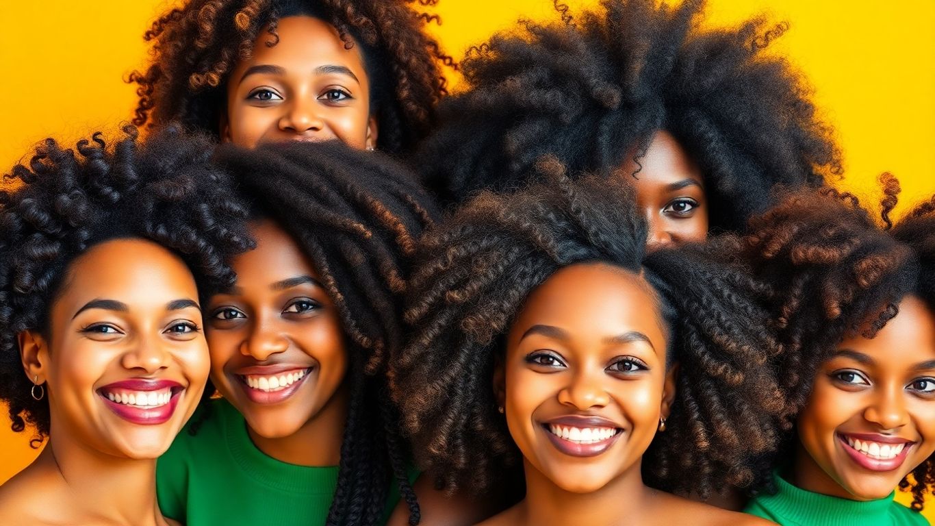 People with natural hair textures smiling and posing together.