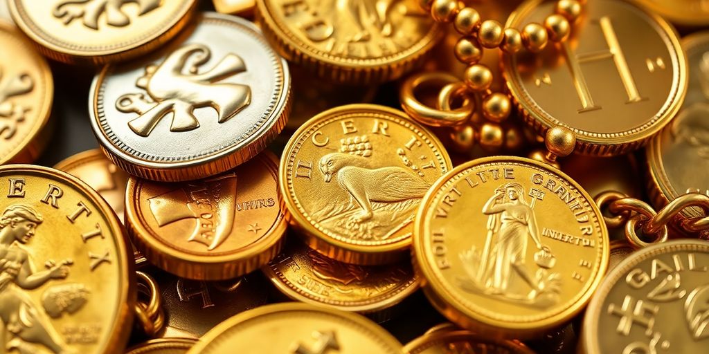 Des pièces d'or héritées, brillantes et détaillées.