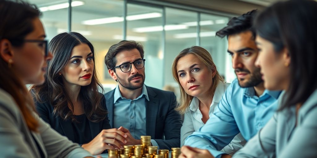 Business professionals discussing cryptocurrency in a modern office.