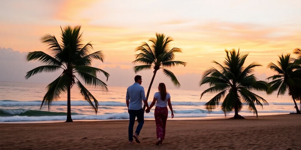 Couple enjoying a serene beach sunset.