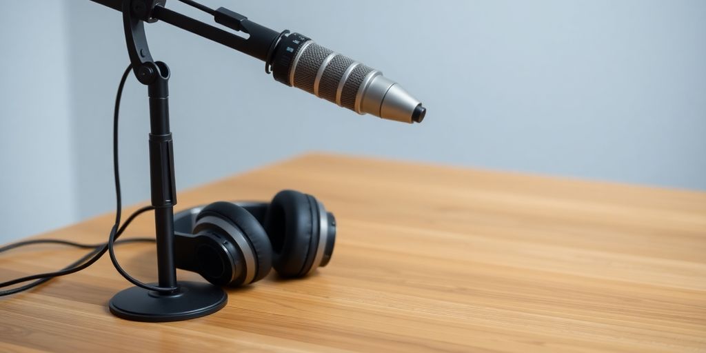 Podcast microphone with headphones on a table.