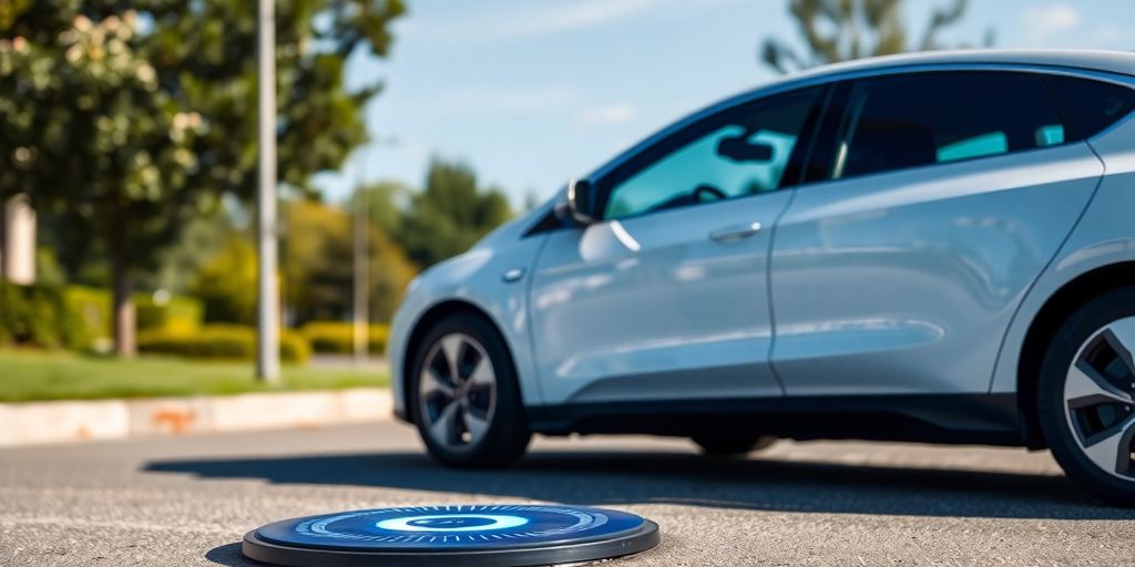 Electric car charging wirelessly on a street.