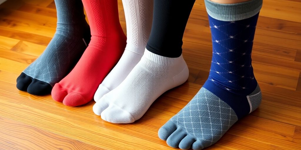 Colorful plus size compression socks on a wooden surface.