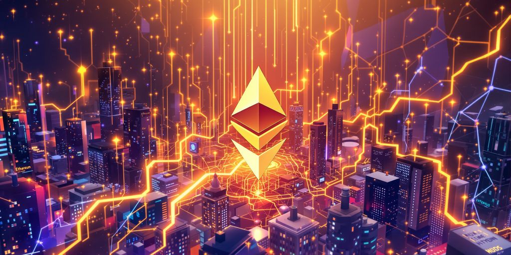 Ethereum logo with upward golden streams in a digital cityscape.