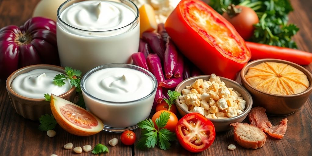 Probiotiske matvarer som yoghurt og fermenterte grønnsaker.