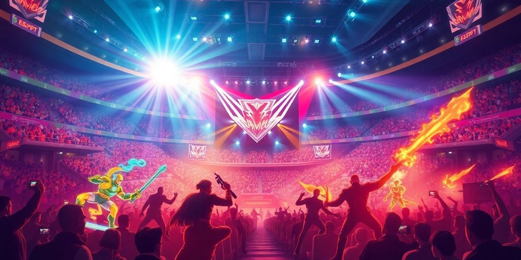 Futuristic esport arena with glowing game characters.