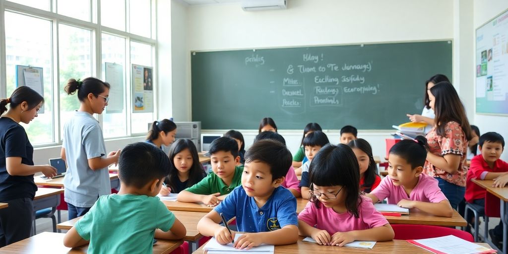 Classroom with diverse expat children learning in Ho Chi Minh City.