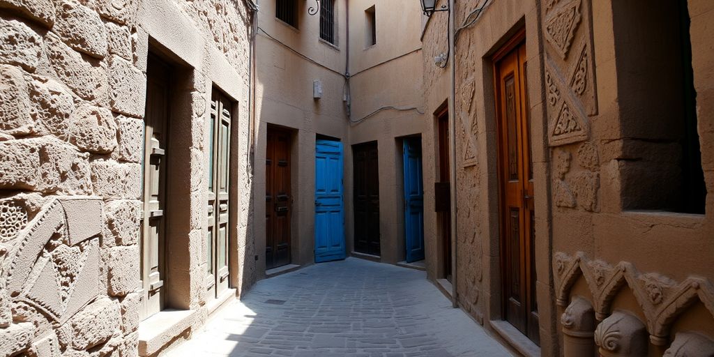 Historic Stone Town alley with carved doors.