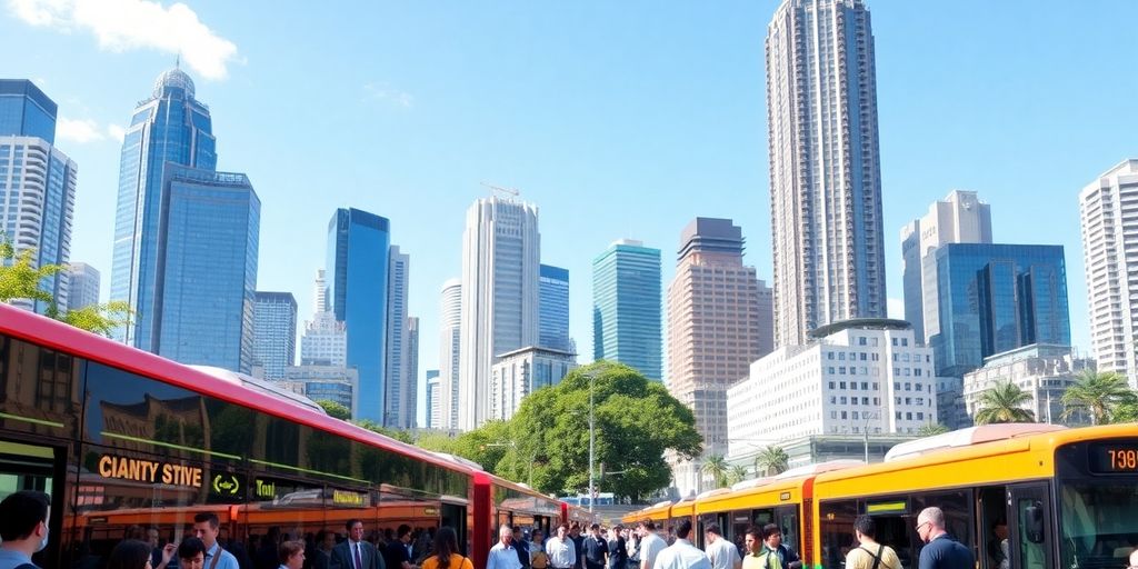 Busy public transport hub in a modern city.