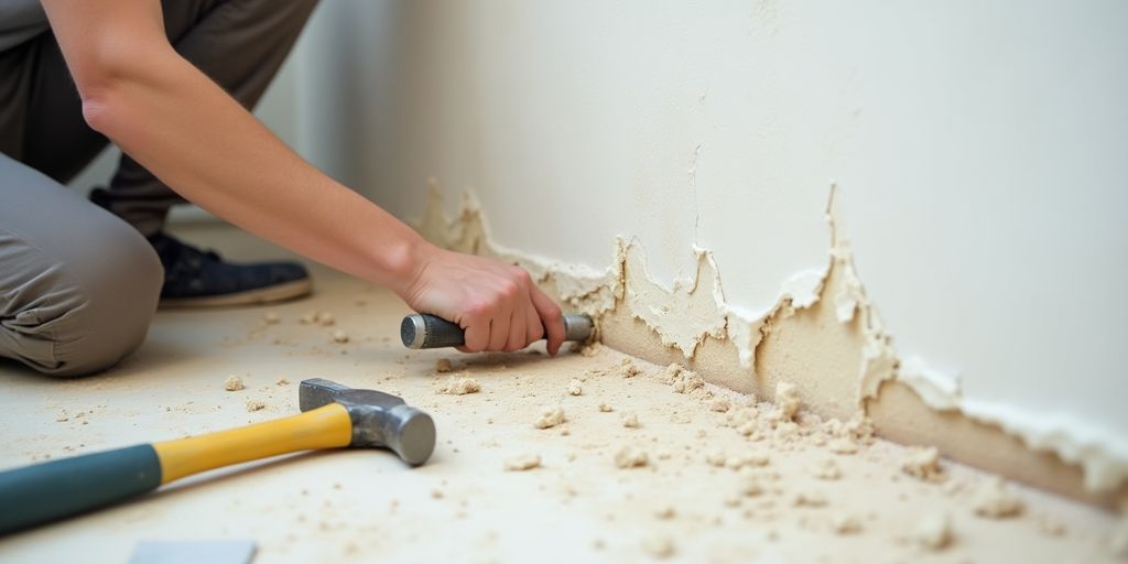 Homeowner repairing water-damaged drywall with tools.