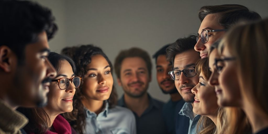 Diverse group engaged by a bright, central light.