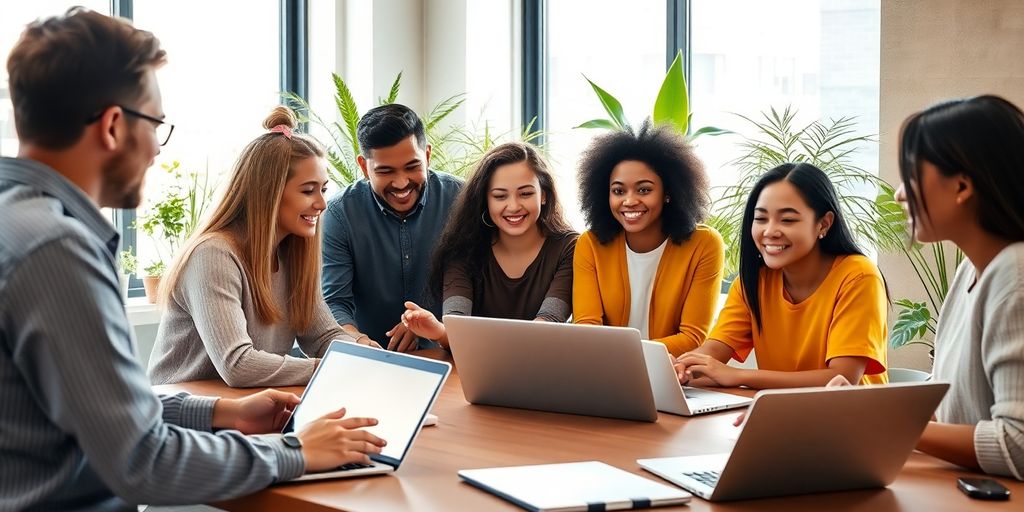 Diverse professionals collaborating in a modern office environment.