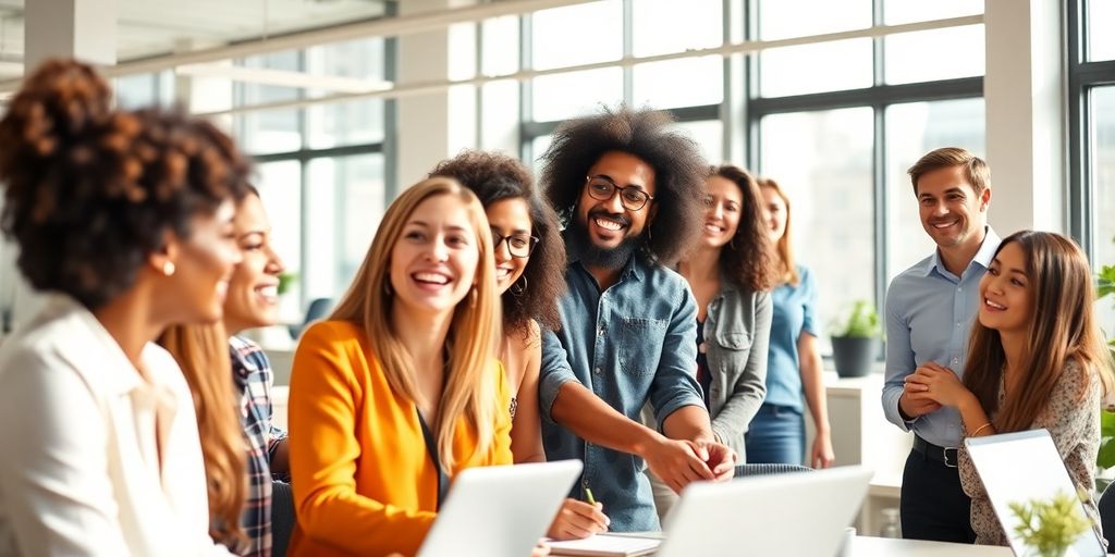 Pessoas sorrindo em um ambiente de escritório moderno.