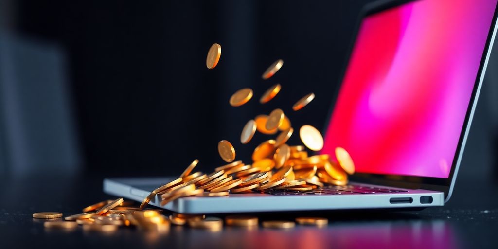 Digital coins spilling from a laptop screen.