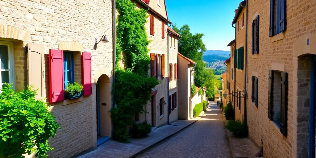 Village pittoresque avec des bâtiments en pierre et des fleurs.