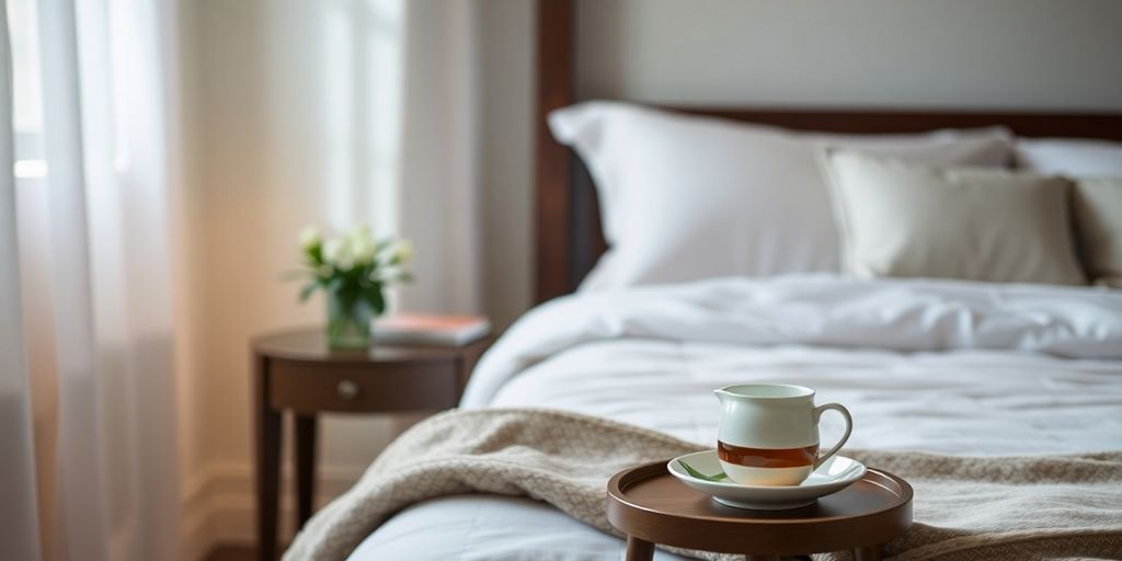 Cozy bedroom with herbal tea and fresh fruits.