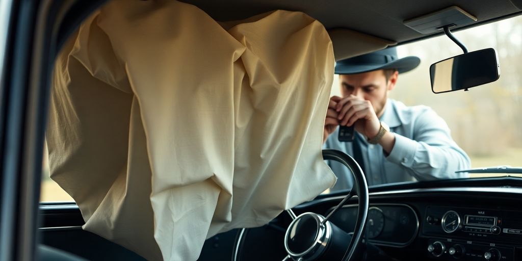 Vintage car interior with early airbag deploying from steering wheel