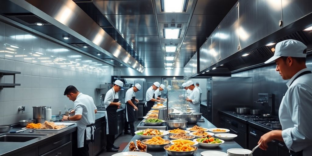 Kitchen interior with chefs preparing food.
