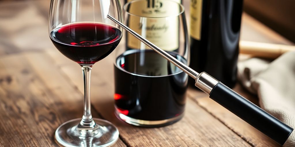 Wine chilling wand next to a glass of red wine.