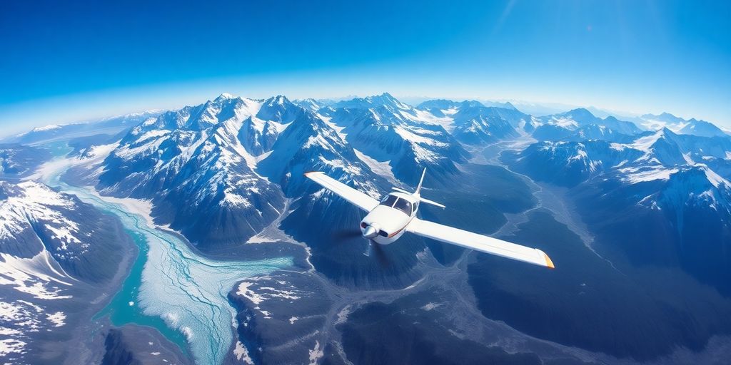 A small airplane flies over vast, snowy Alaskan mountains.