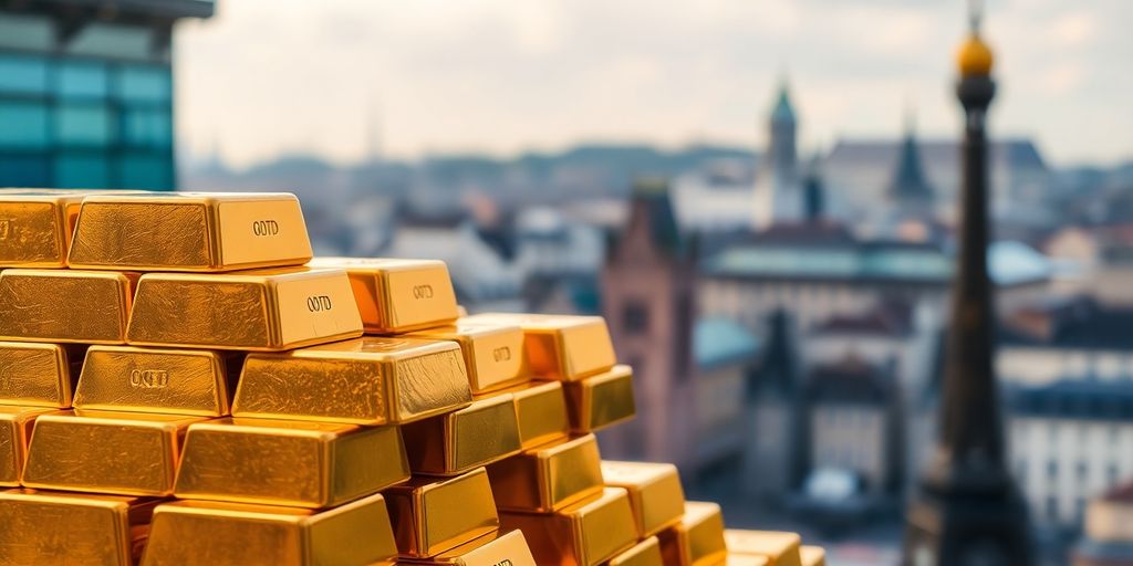 Barres d'or empilées avec une ville en arrière-plan.