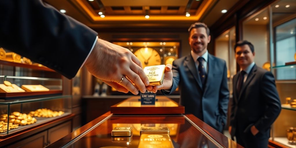 Main échangeant lingots d'or dans boutique élégante avec comptoir bois