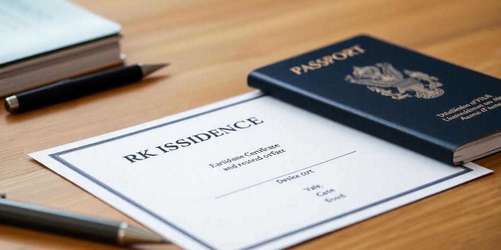 Close-up of UK residence certificate on a desk.