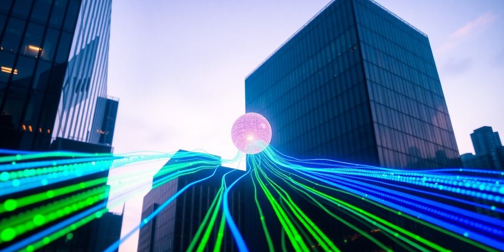 Conexiones de datos, edificios de oficinas, eficiencia empresarial.