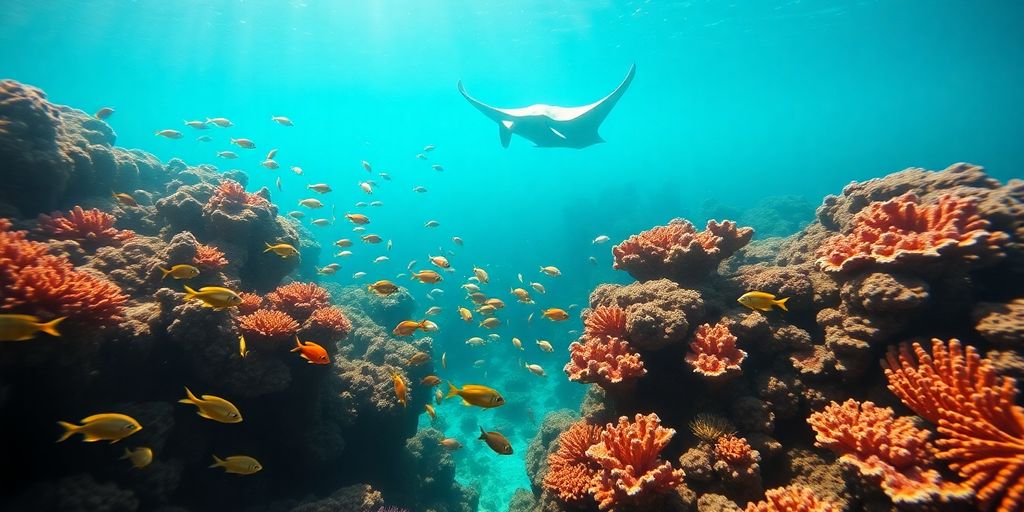Vibrant coral reef teeming with colorful fish and a sea turtle.