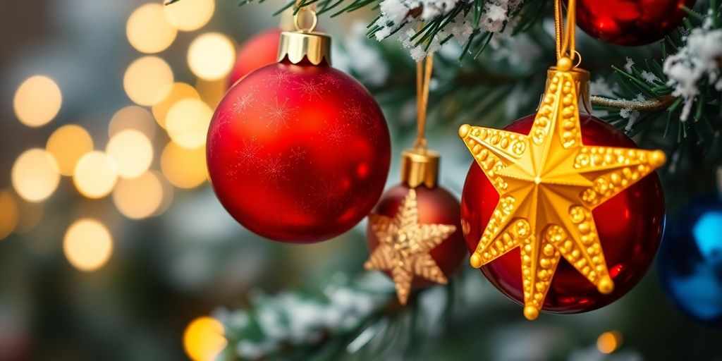 Festive Christmas ornaments, twinkling lights, snowy background.
