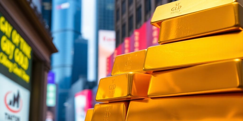 Des lingots d'or empilés dans un environnement financier.