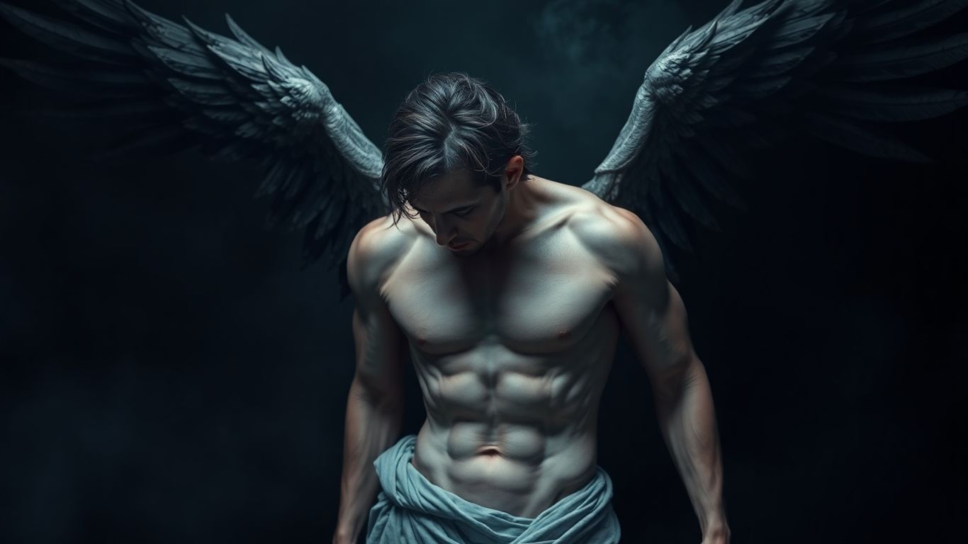 Fallen angel figure with wings, dark background.