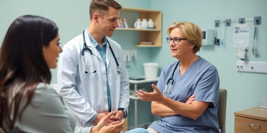 Healthcare professional communicating with a patient in office.
