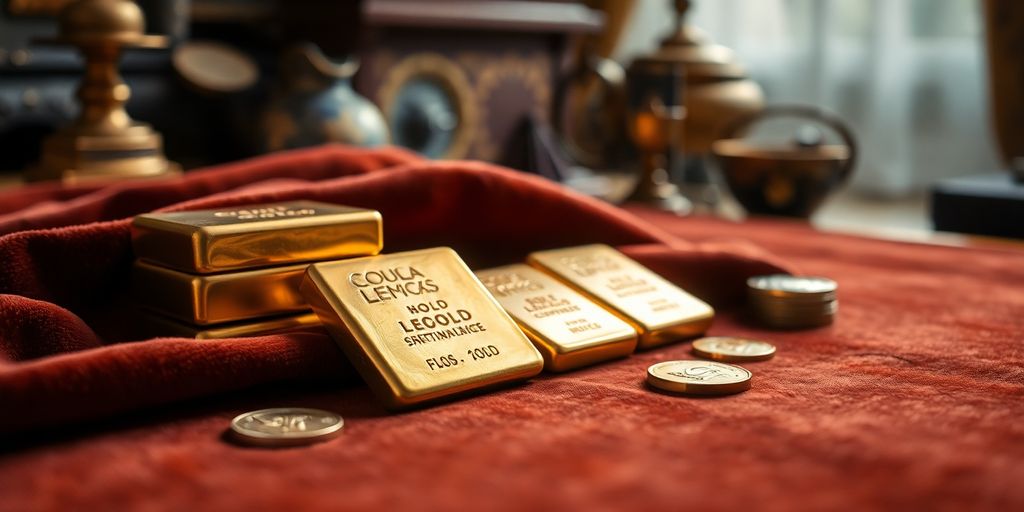 Des barres et pièces d'or sur un tissu.