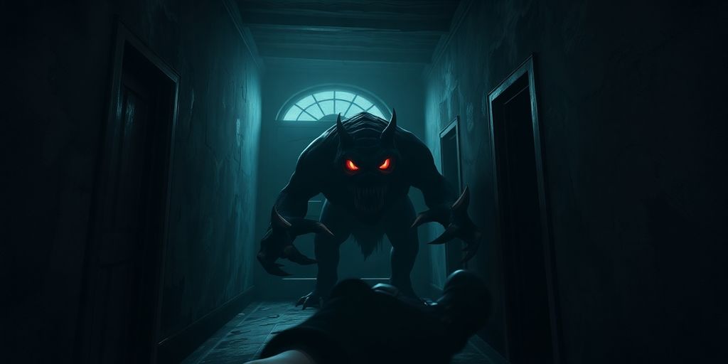 Terrifying RPG creature stalks player in dark hallway.