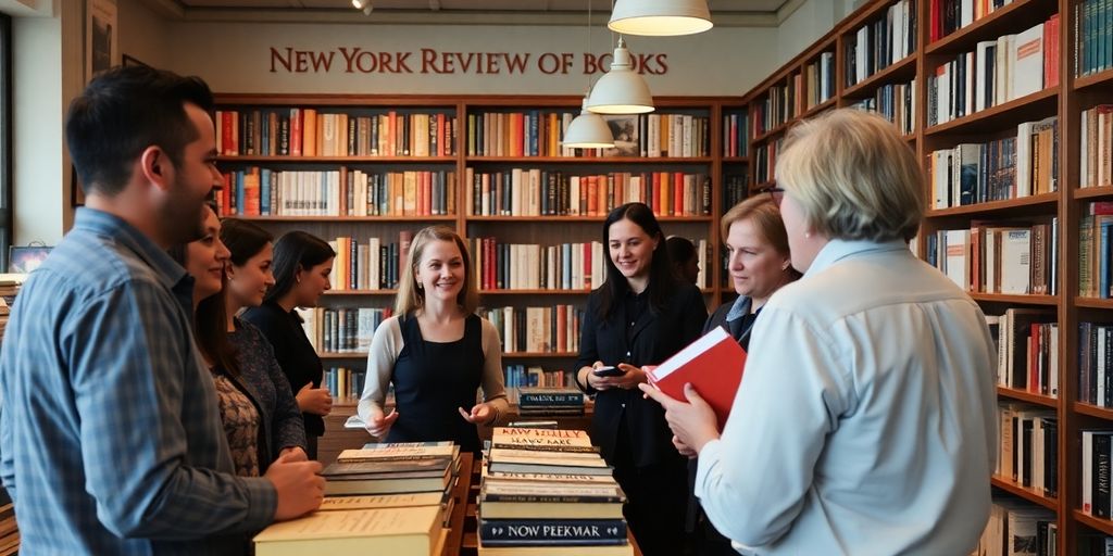 Friendly staff assisting customers in a cozy bookstore.
