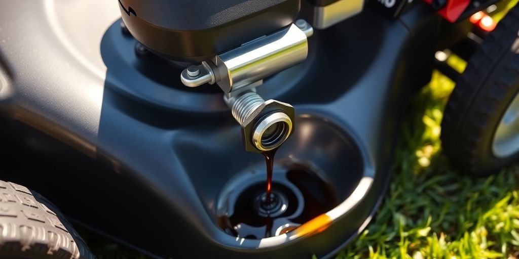 Toro lawn mower oil being drained into a pan.