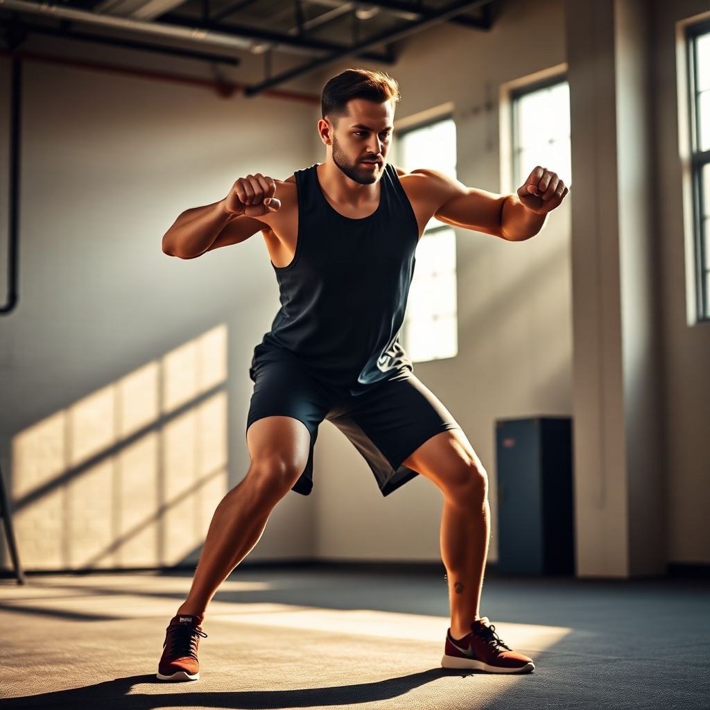 Person performing explosive jump squats with determination.