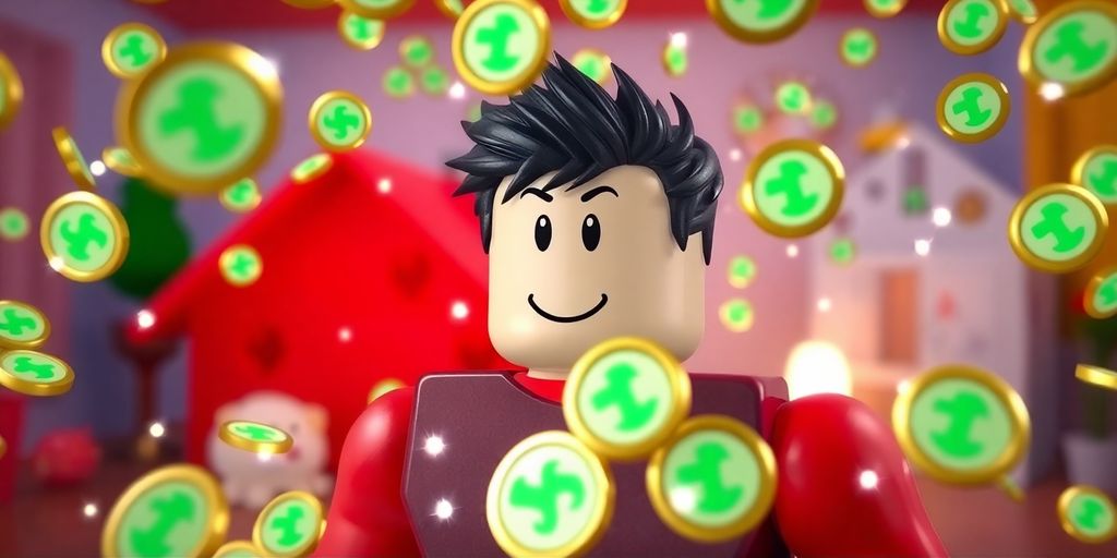 Roblox character surrounded by Robux coins, playing Adopt Me.