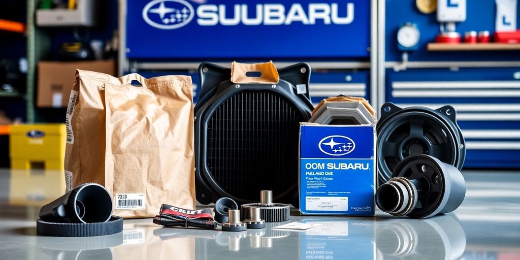 Subaru parts laid out on a clean workbench.