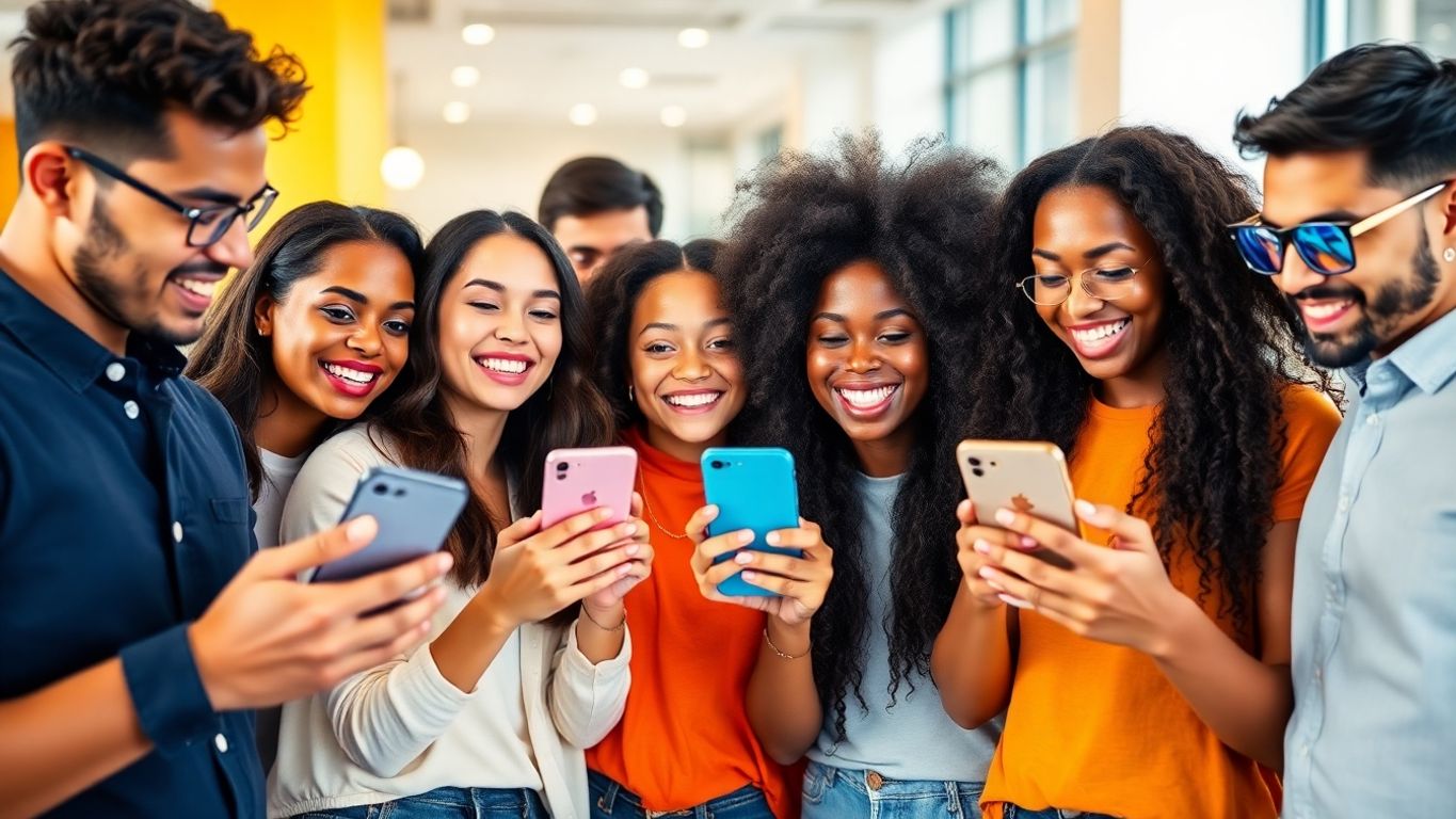 People enjoying TikTok on smartphones in a lively setting.