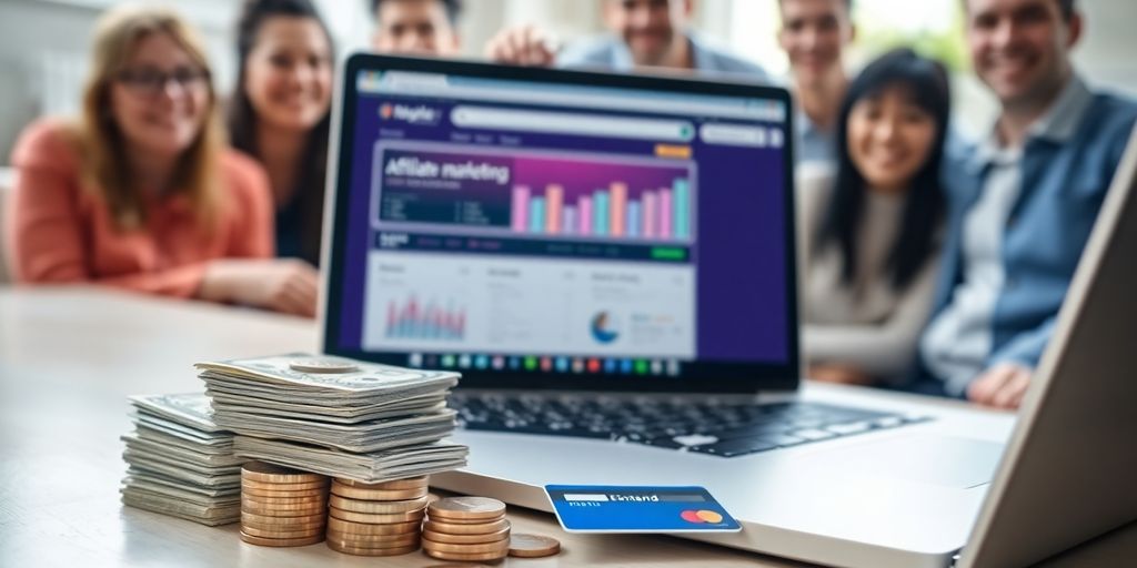 Laptop, money, and diverse people affiliate marketing.