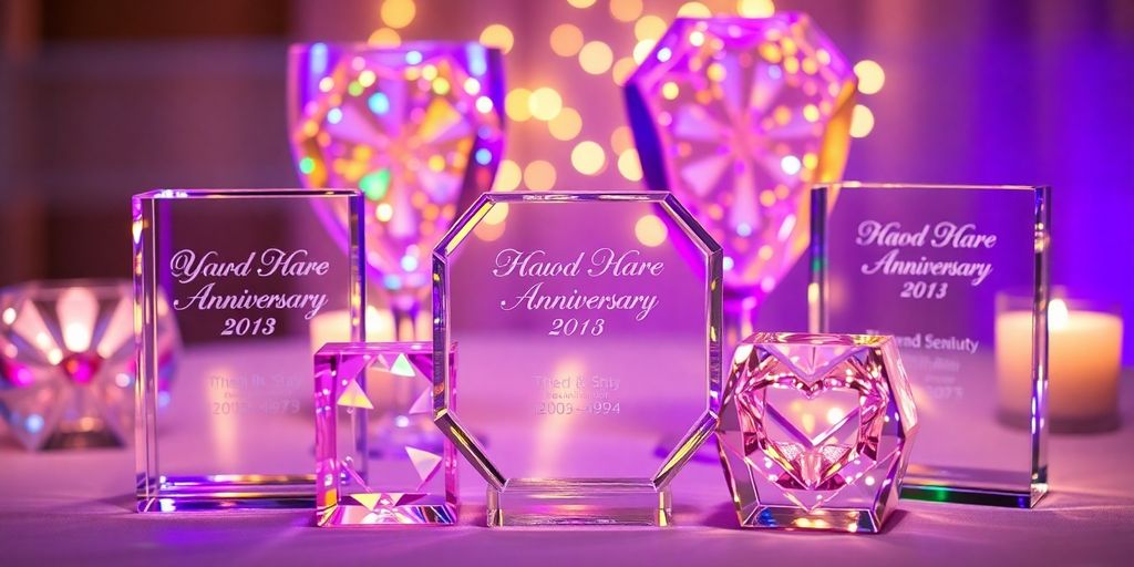 Personalized crystal keepsakes for an anniversary gift.