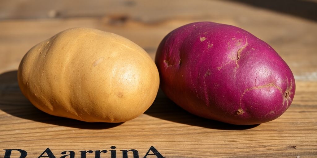 Twee aardappelen naast elkaar, één bruin, één paars.
